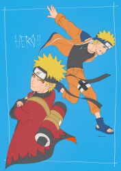  1boy blue_eyes closed_mouth commentary crossed_arms english_commentary english_text facial_mark forehead_protector highres jacket jewelry konohagakure_symbol looking_at_viewer male_focus naruto_(classic) naruto_(series) naruto_shippuuden necklace open-toe_shoes open_mouth orange_jacket orange_pants pants red_jacket sennin_mode smile spiky_hair teeth uzumaki_naruto whisker_markings xi_illili yellow_eyes 