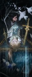  1boy aether_(as_heaven_and_earth_are_made_anew)_(genshin_impact) aether_(genshin_impact) ahoge arm_guards arm_up bare_tree bird bird_wings black_gloves black_pants black_shirt blonde_hair branch closed_eyes closed_mouth commentary_request dove fingerless_gloves flower flower_ornament genshin_impact gloves hair_between_eyes hand_up highres holding holding_flower jacket lapels long_hair long_sleeves low_ponytail lying male_focus motimayo_1517 official_alternate_costume official_alternate_hairstyle on_back open_clothes open_jacket pants ponytail shirt solo sparkle sword tree weapon white_flower white_jacket wings 