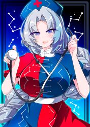  1girl absurdres blue_background blue_dress blue_eyes blue_hat blush breasts combat2000_(kuroneko) commentary_request constellation constellation_print cross dress grey_hair hat highres holding holding_stethoscope large_breasts long_hair looking_at_viewer nurse_cap open_mouth parted_lips red_cross red_dress solo stethoscope touhou very_long_hair yagokoro_eirin 
