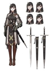  1girl absurdres angry arm_at_side auyn_awinaz_(navigavi) belt black_belt black_eyes black_hair blush boots breasts brown_belt brown_boots buckle clenched_teeth closed_eyes closed_mouth coat collared_coat commentary_request cropped_shoulders earrings facing_viewer full_body gauntlets grey_coat highres holding holding_weapon jewelry jun_(navigavi) korean_commentary long_sleeves long_sword looking_at_viewer making-of_available medium_breasts medium_hair multiple_belts multiple_expressions multiple_views nose open_mouth original pelvic_curtain reference_sheet revision sad scabbard sheath sheathed simple_background single_earring smile standing sword teeth thigh-highs unsheathed upper_teeth_only weapon white_background 