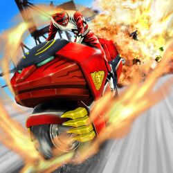  1boy absurdres assault_visor black_visor bodysuit boots commentary_request explosion fire galeo_pulsar ginga_red gloves helmet highres motor_vehicle motorcycle multicolored_bodysuit official_art on_motorcycle outdoors rangers_strike red_bodysuit red_helmet riding riding_motorcycle seijuu_sentai_gingaman solo super_sentai tokusatsu walkon3310 white_bodysuit white_boots white_gloves 