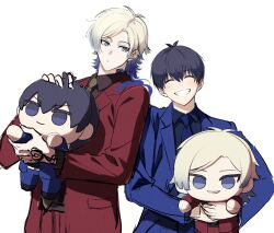  2boys black_shirt blonde_hair blue_eyes blue_hair blue_jacket blue_lock blue_necktie blue_suit character_doll closed_mouth doll dress_shirt eyeliner facing_viewer grin hand_tattoo height_difference highres isagi_yoichi jacket looking_at_another makeup male_focus michael_kaiser multicolored_hair multiple_boys nannnann4321 neck_tattoo necktie red_eyeliner red_jacket red_suit shirt short_hair short_hair_with_long_locks simple_background smile suit tattoo two-tone_hair white_background 
