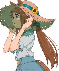  1girl animal_ears blue_eyes blue_skirt brown_hair closed_mouth ears_through_headwear flower grass_wonder_(casual)_(umamusume) grass_wonder_(umamusume) grey_shirt hat hat_flower highres horse_ears horse_girl horse_tail long_hair puffy_short_sleeves puffy_sleeves shirt short_sleeves skirt solo straw_hat sun_hat sunflower tail teddy_(takarada) umamusume white_hair white_shirt 