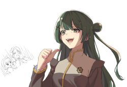  >_< 3girls akiha_school_uniform bang_dream! bang_dream!_yumemita bell_(bang_dream!) blunt_sidelocks brown_jacket center-flap_bangs chinese_commentary commentary_request evil_smile gesugao gold_trim green_eyes green_hair hair_bun hair_ornament hair_tie hairclip hand_up highres hsiao_yeh jacket jojo_no_kimyou_na_bouken kono_dio_da_(meme) long_sleeves mandarin_collar meme mole mole_under_mouth motion_lines multiple_girls one_side_up open_mouth partially_colored phantom_blood pointing pointing_at_self popo_(bang_dream!) raised_eyebrow reaction_inset school_emblem school_uniform side_up_bun sidelocks simple_background single_side_bun smile solo_focus speech_bubble speed_lines textless_version thumbs_up tongue triangle_hair_ornament uneven_eyes upper_body viola_(bang_dream!) white_background wide-eyed winter_uniform x_hair_ornament 