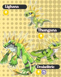 black_sclera blue_eyes character_name colored_sclera colored_skin evolutionary_line fakemon green_skin grey_skin highres iguana mathneves012 multicolored_skin no_humans original outline pokemon pokemon_(creature) polka_dot polka_dot_background spikes sugimori_ken_(style) tail two-tone_skin white_outline yellow_background 