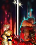  armor beard blonde_hair cape earrings facial_hair fate/zero fate_(series) gilgamesh glowing highres jewelry male multiple_boys muscle pinkboudoir red_eyes rider_(fate/zero) star_(sky) 