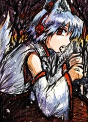  1girl animal_ears bare_tree commentary_request dade_ne detached_sleeves fangs from_side highres inubashiri_momiji medium_hair one-hour_drawing_challenge red_eyes shirt sleeveless sleeveless_shirt solo tail touhou tree white_hair white_shirt wide_sleeves wolf_ears wolf_girl wolf_tail 