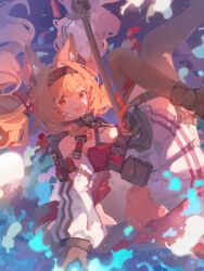  1girl angelina_(arknights) angelina_the_mellow_wish_(arknights) animal_ear_fluff animal_ears arknights black_collar black_gloves black_hairband black_shoes black_thighhighs blue_background brown_eyes brown_hair collar commentary_request detached_sleeves dress feathers floating floating_hair fox_ears fox_girl gloves hair_between_eyes hair_floating_upwards hairband highres holding holding_staff infection_monitor_(arknights) legs_up long_hair long_sleeves looking_at_viewer pleated_dress shoes smile solo staff suiyuebai thigh-highs twintails white_dress 