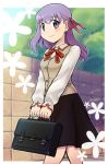  azumakuro bag bookbag fate/stay_night fate_(series) hair_ribbon long_hair matou_sakura purple_eyes purple_hair ribbon school_uniform violet_eyes 