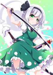  1girl absurdres black_hairband blush closed_mouth combat2000_(kuroneko) commentary frilled_skirt frills ghost ghost_print green_eyes green_skirt green_vest grey_hair hairband highres holding holding_sword holding_weapon konpaku_youmu konpaku_youmu_(ghost) looking_at_viewer short_hair short_sleeves skirt solo sword touhou vest weapon 