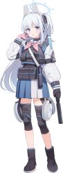  1girl :o animal_ear_headphones animal_ears arm_at_side armband black_boots black_bow black_gloves black_vest blue_archive blue_halo blue_shirt blue_skirt blush boots bow braid bulletproof_vest compression_sleeve detached_sleeves fake_animal_ears full_body game_asset gloves gun gun_sling hair_bow half_up_braid halo hand_up headgear headphones headset highres knee_pads knife large_variant_set layered_sleeves long_hair looking_at_viewer miniskirt miyako_(blue_archive) multicolored_gloves neckerchief official_art one_side_up open_mouth pink_gloves pink_neckerchief pleated_skirt pouch school_uniform serafuku sheath sheathed shirt sidelocks simple_background skirt solo standing submachine_gun suomi_kp/-31 suppressor tachi-e tactical_school_uniform third-party_source transparent_background two-sided_gloves two-tone_gloves undershirt variant_set vest violet_eyes weapon white_hair white_sleeves yutokamizu 