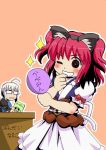  1girl ahoge amatsuki_aruto animal_ears belt blush book bridal_gauntlets cat_ears glasses grin long_sleeves mirror morichika_rinnosuke onozuka_komachi red_eyes red_hair redhead shinigami silver_hair smile sparkle table touhou translation_request twintails wink 