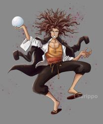  1boy arm_hair artist_name ball brown_hair brown_jacket brown_pants brown_sandals collarbone commentary crystal_ball danganronpa:_trigger_happy_havoc danganronpa_(series) dreadlocks english_commentary full_body grey_background grin hagakure_yasuhiro highres holding holding_ball jacket jacket_on_shoulders laurippo leg_hair long_hair long_sleeves male_focus open_clothes open_jacket orange_shirt pants sandals shirt simple_background smile solo teeth toes white_jacket 