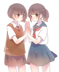  2girls blue_sailor_collar blue_skirt blush brown_eyes brown_hair brown_necktie brown_skirt brown_sweater_vest closed_mouth collared_shirt commentary_request cowboy_shot dot_nose holding_hands looking_at_viewer miniskirt multiple_girls neckerchief necktie nishida_yume original own_hands_clasped own_hands_together pleated_skirt ponytail red_neckerchief sailor_collar school_uniform serafuku shirt short_hair short_ponytail short_sleeves sidelocks simple_background skirt smile sweater_vest white_background white_shirt 