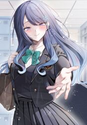  1girl absurdres aqua_bow aqua_bowtie bag black_jacket black_skirt black_sweater blazer blue_hair blush bow bowtie brown_bag ceiling closed_mouth collared_shirt commentary_request cowboy_shot floating_hair getabako hair_ornament highres holding holding_bag indoors jacket long_hair looking_at_viewer offering_hand open_clothes open_jacket original parted_bangs pleated_skirt reaching reaching_towards_viewer school_bag school_emblem school_uniform shirt shoulder_bag skirt smile snowflake_hair_ornament solo standing suicchonsuisui sweater tile_ceiling tiles violet_eyes watermark white_shirt 
