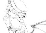  hands hat monochrome remilia_scarlet short_hair simple_background smile solo takeuma touhou white_background wings wrist_ribbon 