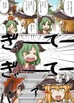  &gt;_&lt; animal_ears ascot bamboo_broom blonde_hair blood bow braid broom brown_eyes brown_hair comic detached_sleeves dress emphasis_lines eye_contact fingernails flying_sweatdrops green_eyes green_hair hair_bow hakurei_reimu hat hat_ribbon kasodani_kyouko kirisame_marisa long_hair looking_at_another looking_back miko multiple_girls o_o open_mouth purple_dress ribbon sarashi short_hair short_sleeves shouting single_braid tears teeth touhou translated translation_request trembling vest wavy_mouth witch witch_hat yellow_eyes zetsumame 