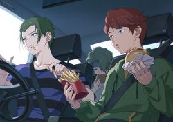  3boys blue_eyes brothers brown_hair burger car_interior clotho_buer commentary_request driving eating fingernails food french_fries green_hair green_hoodie gundam gundam_seed headband highres holding holding_food hood hoodie kamuraaa_615 male_focus multiple_boys muruta_azrael seatbelt shani_andras shirt siblings steering_wheel striped_clothes striped_shirt 