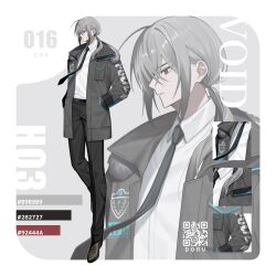  1boy ahoge belt black_belt black_necktie black_pants border breast_pocket brown_shoes call_of_cthulhu color_guide copyright_name eiiycic3 emblem full_body fur-trimmed_jacket fur_trim grey_background grey_hair grey_jacket hair_between_eyes hair_over_shoulder hands_in_pockets highres jacket long_hair long_sleeves looking_to_the_side low_ponytail male_focus necktie open_clothes open_jacket outside_border pants pocket police police_uniform ponytail profile qr_code red_eyes shirt shirt_tucked_in shoes simple_background solo standing void_(ttrpg_scenario) white_border white_shirt 