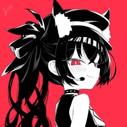  1girl animal_ear_fluff animal_ears bare_shoulders black_hair black_hat blue_archive blush bright_pupils cat_ears closed_mouth collar crossed_bangs extra_ears from_side greyscale_with_colored_background hair_between_eyes hair_ribbon hat headset heart highres horns limpiderm long_hair looking_at_viewer looking_back microphone military_hat monochrome peaked_cap red_background red_eyes ribbon serika_(blue_archive) shirt sidelocks signature simple_background sleeveless sleeveless_shirt smile smug solo spiked_collar spikes twintails upper_body 