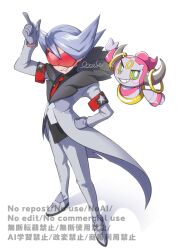  1boy arm_up armband black_shirt coat commentary_request gloves grey_coat grey_pants grey_shoes grin hand_on_own_hip happy hoopa hoopa_(confined) lear_(pokemon) male_focus necktie oooise pants pointy_hair pokemon pokemon_(creature) pokemon_masters_ex red-tinted_eyewear red_necktie shirt shoes signature smile standing sunglasses teeth tinted_eyewear watermark white_background 