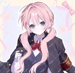  1girl aqua_eyes black_sweater_vest bow character_request closed_mouth collared_shirt commentary_request copyright_request diagonal-striped_background eyelashes hair_between_eyes heart highres jacket jacket_on_shoulders long_hair long_sleeves outline pale_skin pink_bow pink_hair red_bow sample_watermark shirt smile solo sparkle split_mouth striped_background sweater_vest twintails tyono_nn upper_body watermark watermark_grid white_outline white_shirt 