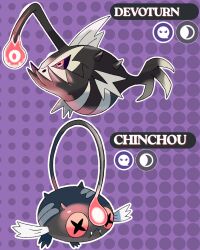  anglerfish black_skin character_name chinchou colored_skin cross-shaped_pupils evolutionary_line fakemon fangs fish grey_skin highres mathneves012 multicolored_skin no_humans original outline pokemon pokemon_(creature) polka_dot polka_dot_background purple_background red_eyes sugimori_ken_(style) symbol-shaped_pupils two-tone_skin white_outline 