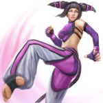  baggy_pants barefoot black_hair bracelet clenched_hand feet fighting_stance fingerless_gloves gloves han_juri jewelry kicking nail_polish purple_eyes realistic simple_background soles street_fighter street_fighter_iv tank_top toeless_socks toes violet_eyes 