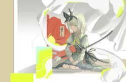  1girl absurdres ascot black_bow black_hairband bow calligraphy character_name chinese_commentary commentary_request flower frilled_skirt frills ghost green_skirt green_vest grey_hair hairband hajimie2333 highres katana konpaku_youmu konpaku_youmu_(ghost) rectangle seiza sitting skirt sleeve_cuffs sleeve_garter sword tachi_(weapon) touhou vest weapon white_hair white_sleeves yellow_ascot 