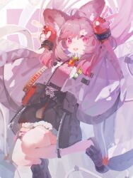  1girl :d ahoge animal_ear_fluff animal_ears arknights black_shoes black_skirt bracelet cape carrot chinese_commentary commentary_request double_v fingerless_gloves full_body gloves hands_up highres infection_monitor_(arknights) jewelry jumping long_hair looking_at_viewer material_growth open_mouth orange_gloves oripathy_lesion_(arknights) pink_eyes pink_hair pink_shirt rabbit_ears rabbit_girl shirt shoes skirt smile solo suiyuebai thigh-highs thumpy_(arknights) v white_cape white_thighhighs 
