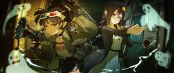  2girls 3d_glasses absurdres adjusting_eyewear an-an_lee backpack bag bell_jar beret black_choker black_gloves black_hair black_skirt brown_eyes character_request choker clothes_writing eyewear_on_head fingerless_gloves ghost gloves green_eyes green_jacket hat highres hitomi_(tongshou) holding holding_megaphone jacket looking_at_viewer megaphone multiple_girls open_clothes open_jacket open_mouth pencil_skirt ponytail reverse:1999 round_eyewear shirt skirt smile telekinesis white_shirt yin_yang 