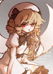  1girl black_bow black_bowtie blonde_hair bow bowtie commentary_request dress drill_hair fairy fairy_wings frilled_sleeves frills gradient_background grey_background hat highres illust_atelier3 juliet_sleeves long_sleeves luna_child medium_hair one-hour_drawing_challenge open_mouth puffy_sleeves red_eyes solo touhou watermark white_dress white_hat wide_sleeves wings 