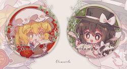  2girls :d black_hair black_hat blonde_hair border bow brown_eyes chinese_commentary commentary_request envelope fedora hat hat_bow hat_ribbon holding holding_envelope holding_quill inkwell maribel_hearn mob_cap multiple_girls quill ribbon sample_watermark smile suelement touhou usami_renko watermark wax_seal white_border white_hat white_ribbon writing yellow_eyes 