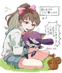  1girl aisu_854 artist_name brown_eyes brown_fur brown_hair commentary_request grey_shorts highres jacket kodama_fumika long_hair open_mouth ponytail purple_fur short_shorts shorts sitting speech_bubble squirrel sunglasses translation_request warunyan white_jacket youkai_(youkai_watch) youkai_watch 