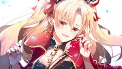  1girl blonde_hair cape commentary_request crying crying_with_eyes_open ereshkigal_(fate) fate/grand_order fate_(series) looking_at_viewer mmzk nail_polish open_mouth red_cape smile tears twintails 