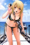  absurdres bare_shoulders between_breasts bikini blonde_hair blue_eyes boat bomb breasts btooom! camouflage cleavage cloudy_sky dock fingernails highres himiko_(btooom!) inoue_jun'ya inoue_junya leaning_forward lens_flare long_fingernails long_hair looking_at_viewer nail_art nail_polish navel official_art open_mouth scan scrunchie side-tie_bikini sky smile solo string_bikini swimsuit woodland_pattern 