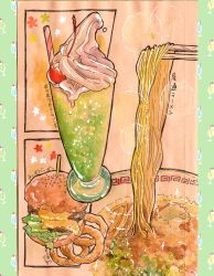  absurdres border brown_background burger cheese cherry chopsticks commentary_request cup drinking_glass drinking_straw food food_focus fruit green_border highres ice_cream ice_cream_float lettuce meandros no_humans noodles onion_rings original pillarboxed spring_onion takisou_sou translation_request whipped_cream 