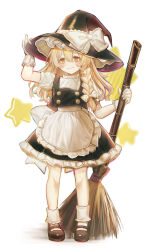  1girl :3 absurdres apron bamboo_broom black_hat black_shoes black_skirt black_vest blonde_hair bow braid broom closed_mouth flat_chest frilled_skirt frills full_body gloves hair_between_eyes hair_bow hat hat_bow hezaizhou highres holding holding_broom kirisame_marisa light_particles long_hair mary_janes puffy_short_sleeves puffy_sleeves shirt shoes short_sleeves side_braid single_braid skirt socks solo touhou v-shaped_eyebrows vest waist_apron white_apron white_bow white_gloves white_shirt white_socks witch_hat yellow_eyes 