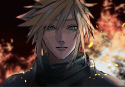  1boy absurdres armor blonde_hair burning closed_mouth cloud_strife commentary_request crisis_core:_final_fantasy_vii dark_persona embers eyelashes fiery_background final_fantasy final_fantasy_vii fire green_scarf highres light_smile looking_at_viewer male_focus night outdoors pauldrons portrait scarf sekiyu_0h shinra_infantry_uniform shoulder_armor signature slit_pupils spiky_hair 
