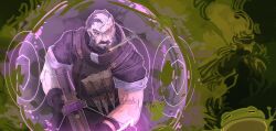  1boy absurdres beard black_hair cigar commentary cross crossbow deadlock_(game) energy_barrier english_commentary facial_hair frog gameplay_ability gameplay_mechanics highres holding holding_crossbow holding_weapon latin_cross multicolored_hair mustache scar scar_on_face shuuko_(s_h_uuko) smoke smoke_trail smoking stake venator_(deadlock) weapon white_hair 