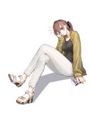  1girl absurdres black_shirt breasts brown_eyes brown_hair cardigan collarbone commentary_request crew_neck crossed_legs eyelashes fingernails from_side full_body glowing_lines hair_between_eyes hair_ribbon hand_on_ground hand_up highres holding jun_(navigavi) knees_up korean_commentary large_breasts long_hair long_sleeves looking_at_viewer making-of_available nail_polish nose object_request open-toe_shoes open_cardigan open_clothes original pants parted_lips pink_nails ribbon shadow shirt shoes shout_lines sitting sleeves_past_wrists solo toenail_polish toenails toes twintails white_pants white_shoes yellow_cardigan 