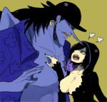  1boy 1girl arlong black_hair black_nails blue_eyes blue_skin bowler_hat breasts brother brother_and_sister cleavage earrings family hair_over_one_eye hat hoodie jewelry lowres madame_shirley mermaid monster_boy monster_girl one_piece poking sharp_teeth short_hair siblings sister size_difference 