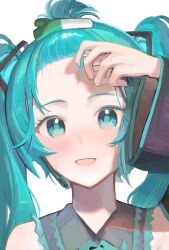  1girl ao_hoshi aqua_eyes aqua_hair aqua_nails aqua_trim black_sleeves commentary_request detached_sleeves dot_nose fingernails food-themed_hair_ornament grey_shirt hair_ornament hand_up hatsune_miku headset highres looking_at_viewer nail_polish open_mouth shirt simple_background sleeveless sleeveless_shirt smile solo spring_onion_hair_ornament twintails vocaloid white_background wide_sleeves wing_collar 