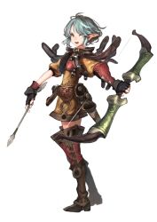  1boy absurdres androgynous arrow_(projectile) black_gloves boots bow_(weapon) brown_boots brown_jacket collared_jacket commentary_request elf fingerless_gloves from_side gloves green_eyes green_hair highres holding holding_arrow holding_bow_(weapon) holding_weapon jacket jun_(navigavi) korean_commentary long_pointy_ears looking_at_viewer male_focus nose open_mouth original pointy_ears puffy_sleeves shirt short_hair shorts sidelocks simple_background single_vambrace solo standing teeth vambraces weapon white_background yellow_shirt yellow_shorts 