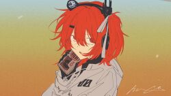  1girl :o a.i._voice adachi_rei arm_at_side black_gloves cassette_player commentary_request dot_nose film_grain from_side gloves hair_between_eyes hair_ornament hair_ribbon hairclip hand_up headlamp headset highres holding_cassette_player jacket looking_at_viewer medium_hair munome netsu_ijou_(utau) number_print one_side_up open_mouth orange_eyes orange_hair radio_antenna ribbon signature solo upper_body utau white_jacket white_ribbon 