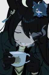  1girl ahoge animal_ears bea_lenoir black_coat black_gloves black_hair black_pantyhose black_shirt black_skirt chibi closed_eyes coat collared_shirt cup ear_tag earrings gloves hair_between_eyes holding holding_cup horse_ears horse_girl horse_tail jewelry long_bangs long_hair long_hair_between_eyes long_sleeves manhattan_cafe_(creeping_shadow)_(umamusume) manhattan_cafe_(umamusume) mug multicolored_hair necktie open_mouth pantyhose shadow shirt single_earring skirt smile steam steaming_cup tail umamusume white_hair yellow_necktie 