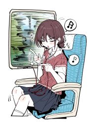  1girl absurdres black_skirt brown_hair closed_eyes commentary_request earphones earphones feet_out_of_frame girls_band_cry happy_birthday highres iseri_nina mp3_player musical_note open_mouth pleated_skirt red_sweater shirt short_hair sitting skirt socks solo speech_bubble sweater train_interior white_shirt white_socks window wujurana 
