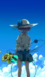  1girl absurdres alternate_costume belt blue_bow blue_sky bow clouds commentary_request day door facing_away floral_print flower from_behind green_skirt grey_hair hat hat_bow highres komeiji_koishi print_skirt puffy_short_sleeves puffy_sleeves rose_print shirt short_hair short_sleeves skirt sky solo sun_hat sunflower tami_(joemanyodw) touhou white_belt white_hat white_shirt yellow_flower 