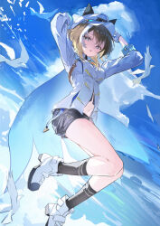  1girl absurdres arms_up bird black_shorts blue_cape blue_eyes blue_sky bright_pupils brown_hair cape capelet cheval_grand_(grand_itineraire)_(umamusume) cheval_grand_(umamusume) clouds commentary_request cumulonimbus_cloud hat highres looking_at_viewer mal0 midair multicolored_hair navel open_mouth peaked_cap shoes short_hair shorts sky solo stomach streaked_hair umamusume white_capelet white_shoes 