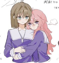  2girls akairosaboten20 blue_eyes brown_hair closed_mouth commentary_request dress heart hug kagari_mimi kimi_ga_shinu_made_koi_wo_shitai long_hair medium_hair multiple_girls pink_hair puff_of_air purple_dress sailor_collar simple_background smile totsuki_shiina translation_request violet_eyes white_background white_sailor_collar yuri 